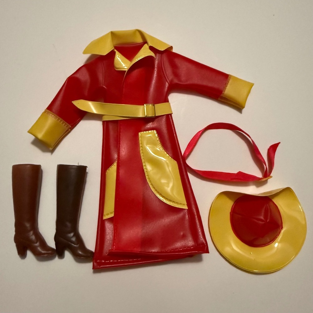 Vintage LJN Grand Prix Doll Outfit Red Yellow Trench Coat Hat Boots Set